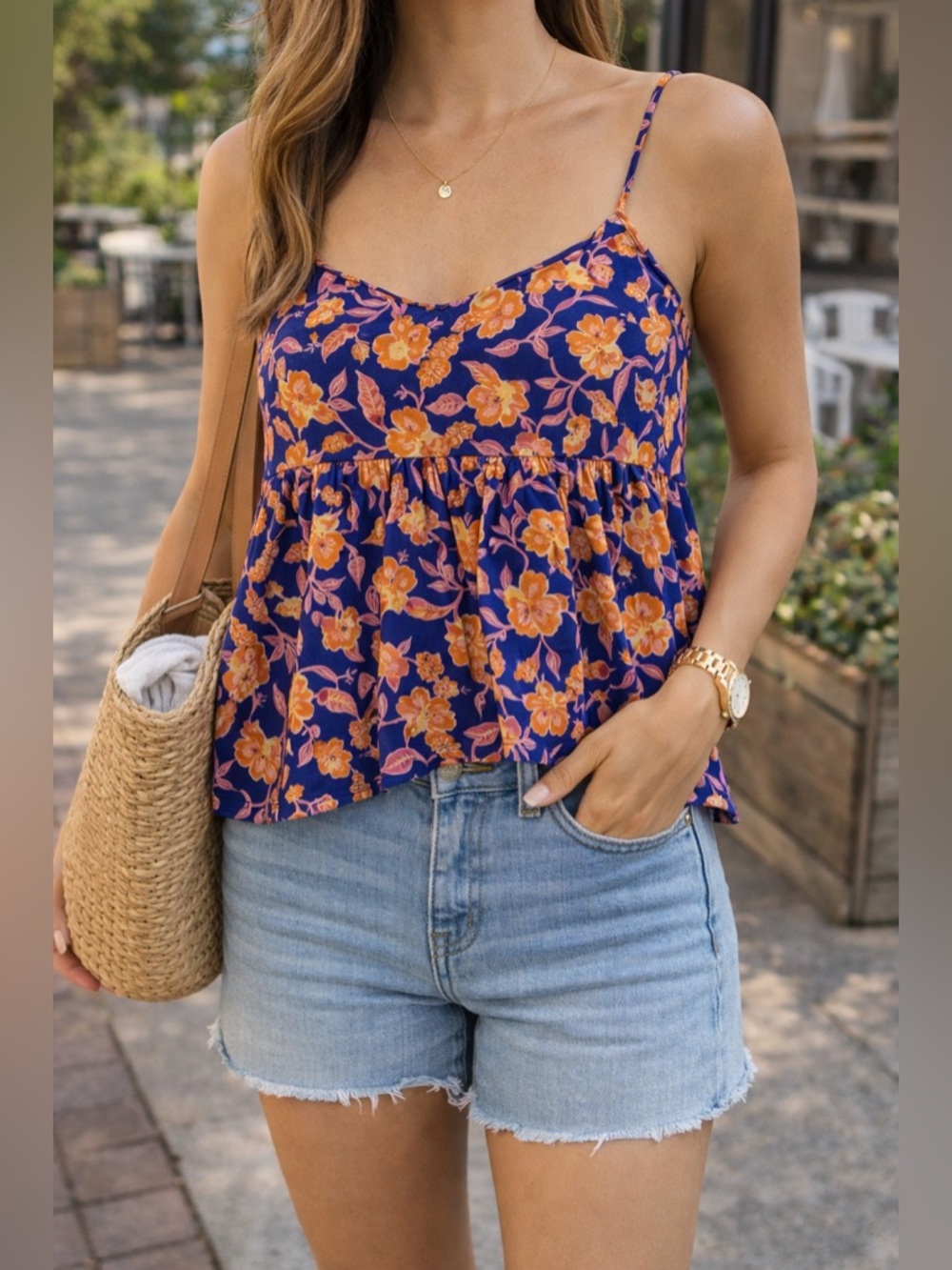 142 J.Crew Floral Tank Top Blue Orange Flowy Cami Small Lightweight Summer